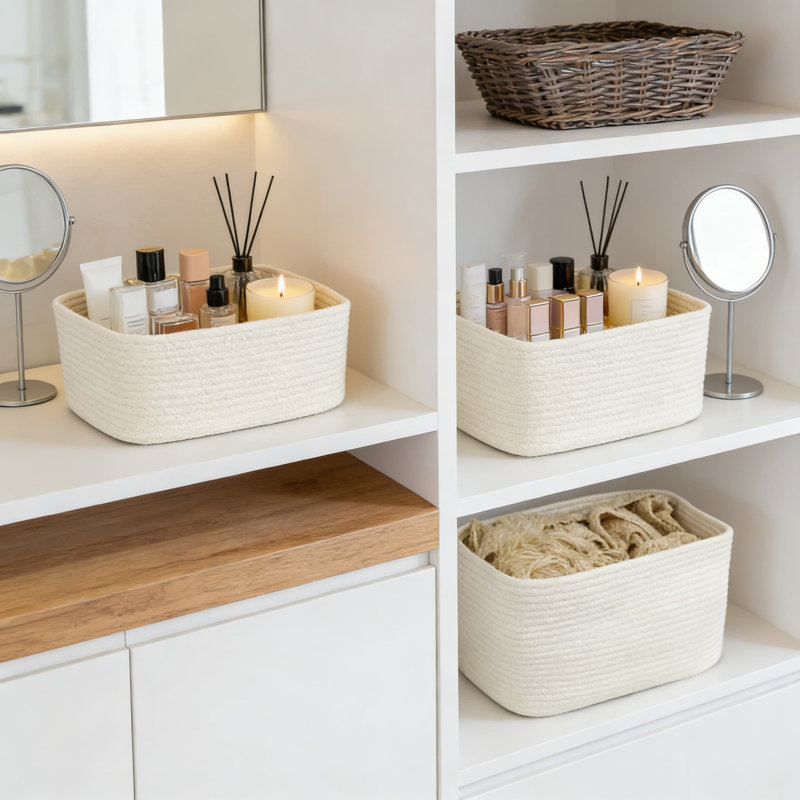 Woven Cotton Rope Storage Basket With Handles, Rectangle Organizer Bin For Shelves, Closet, Nursery, Toys, Books, And Home Decor