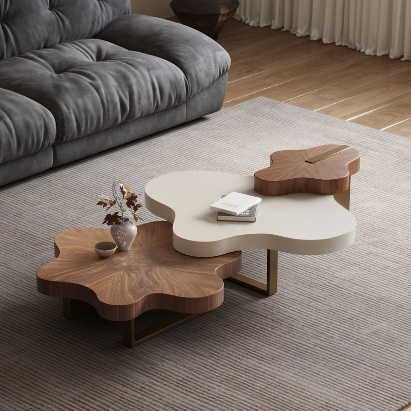 Maville 3 Piece Modern Cloud-Shaped Irregular Wood Nesting Coffee Table Set, Mid-Century Living Room Center Table in Creamy White and Walnut for Living Room Lounge Office