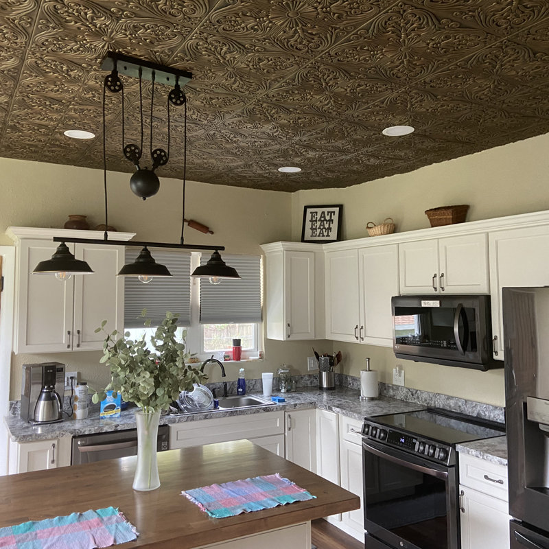 Tuile de plafond en polystyrène espagnol 1,6 pi x 1,6 pi, Blanc délavé or