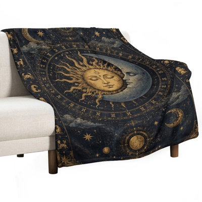 Celestial Sun Moon Zodiac Stars Astrology Pattern Art Luxury Flannel Throw Blanket, Soft Warm Fuzzy Blanket for Living Room Sofa Bed Home Decor