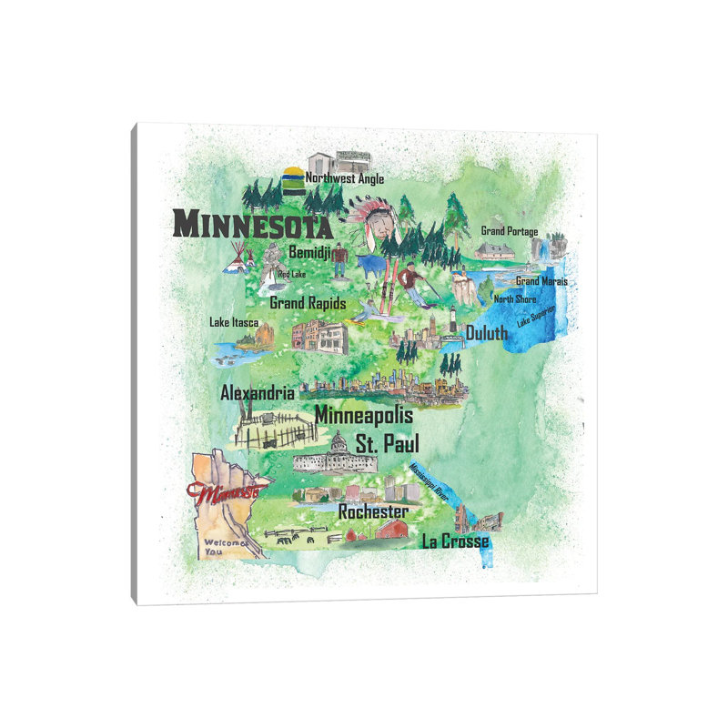 Minnesota Illustrated Travel 1 Piece Wrapped Canvas Wall Art, 45.72 cm H x 45.72 cm W x 3.175 cm D