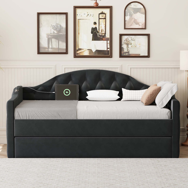 Twin Size Tufted Upholstered Daybed With Trundle,USB&Type-C Charging Ports, Black