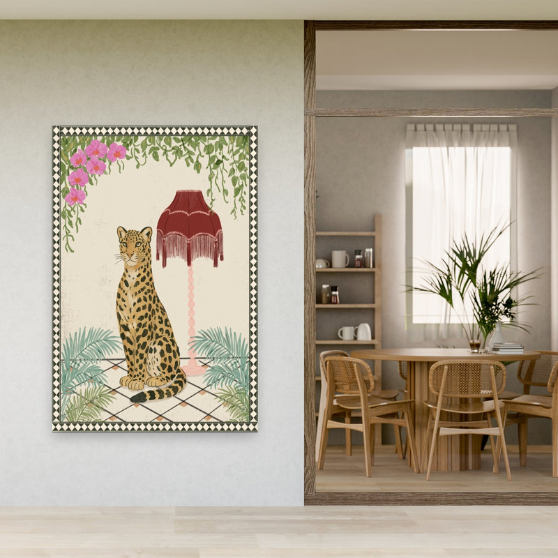 Élégant léopard tropical, rétro, rétro, chat, orchidée, palmier, fleur, art mural, 60" H x 40" W