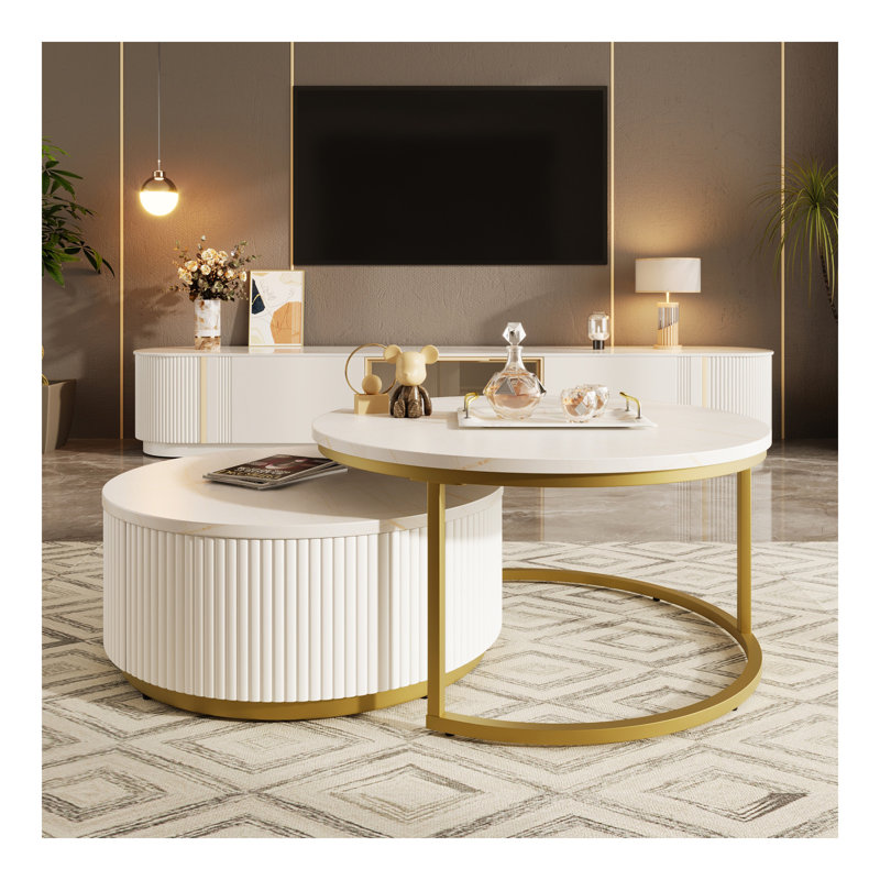 Table basse gigogne moderne cannelée avec tiroir en blanc et or 31,5 po Modern
