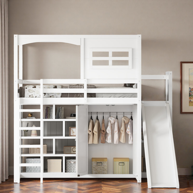 Lit mezzanine en bois avec garde-robe, tablettes de rangement, glissoire et éclairage à DEL