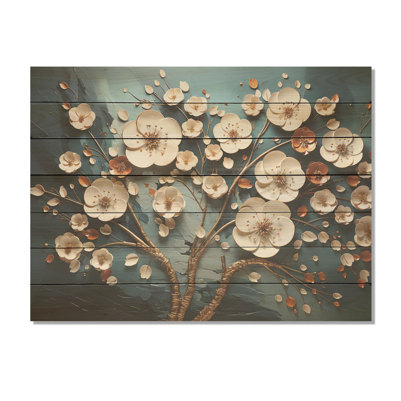 Arbre de fleurs d'orchidées blanches et bleues III - Floral abstrait sur bois, H 34 po x l 44 po x P 0,78 po