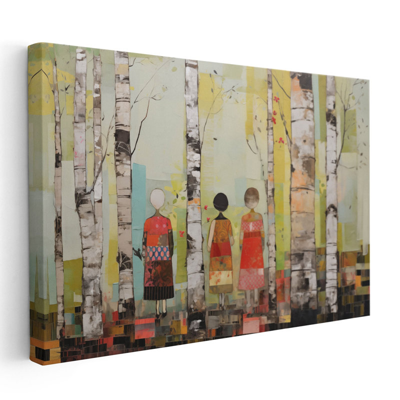 Trio près de bouleaux, impression d'art mural, Cadre flottant noir, H 32 po x l 48 po x P 1,25 po