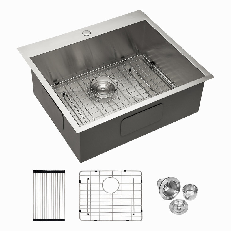 25X22x9 Inch Kitchen Sink Drop In 16 Gauge Stainless Steel 25" Single Bowl Topmount Kitchen Sink Basin, Brushed Nickel