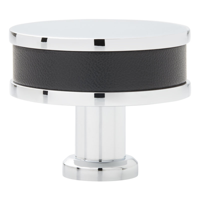Bouton d'armoire rond 1-1 / 2 po Lazzara en cuir noir, Chrome poli