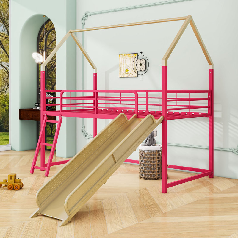 Lit mezzanine simple en métal avec glissade et accessoires créatifs, Doré / rouge