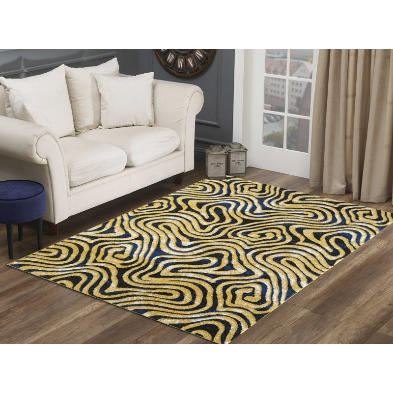 Jaune abstrait/Tapis décoratif noir, Rectangle 8 pi x 10 pi