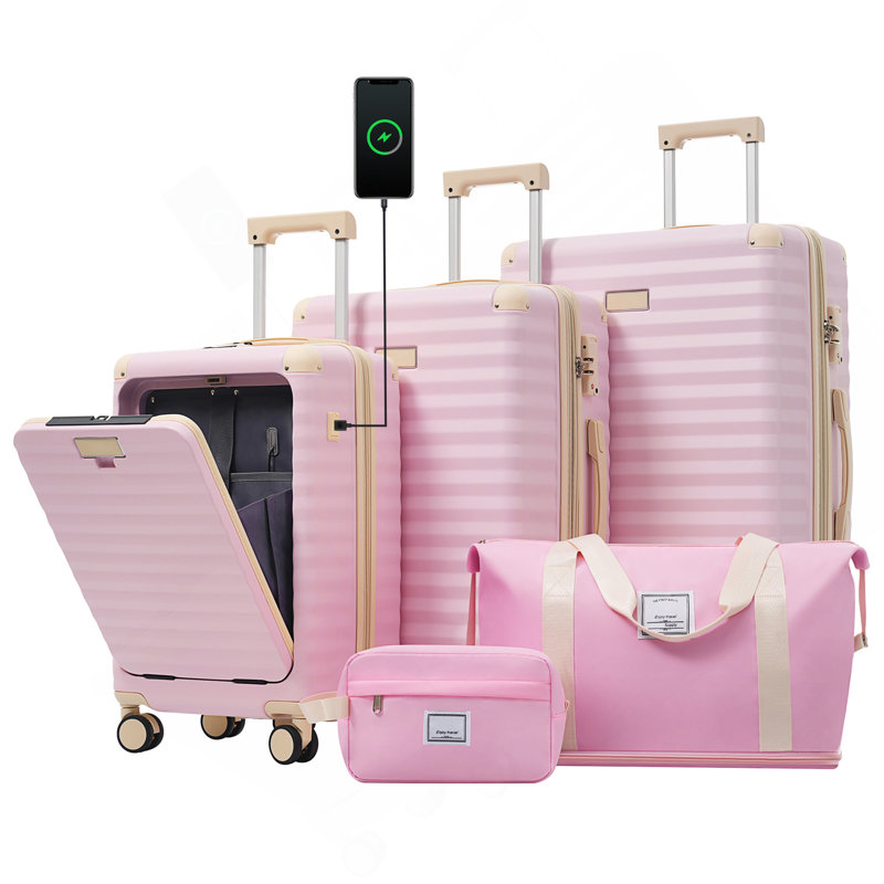 Ensemble de bagage 5 pièces avec ouverture frontale, valise de transport extensible rigide avec roulettes pivotantes, sac de rangement pour porte-gobelet et verrou USB