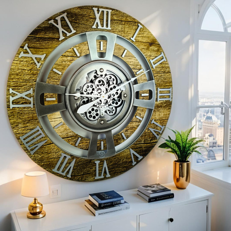 Solid Wood Wall Clock, Gold Antique, Oversize 91.4cm