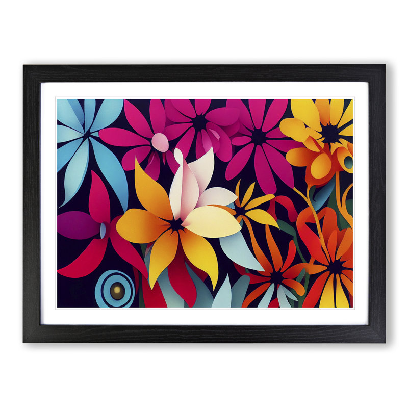 Magnetic Modern Flowers Abstract - Single Picture Frame Print, Black, 46cm H x 64cm W x 2cm D