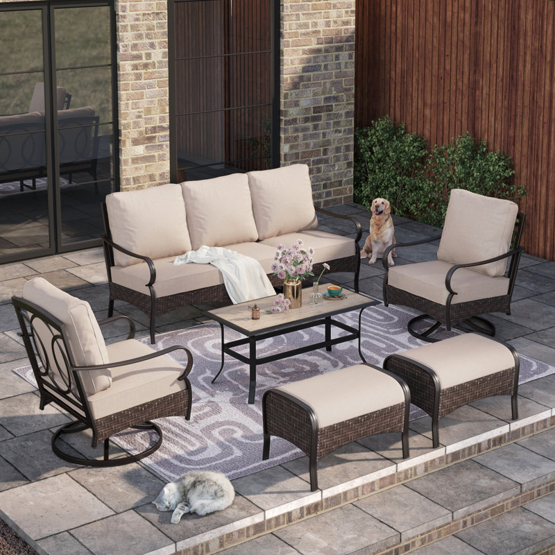 Ensemble de conversation pour patio 7 personnes avec fauteuils pivotants et repose-pieds