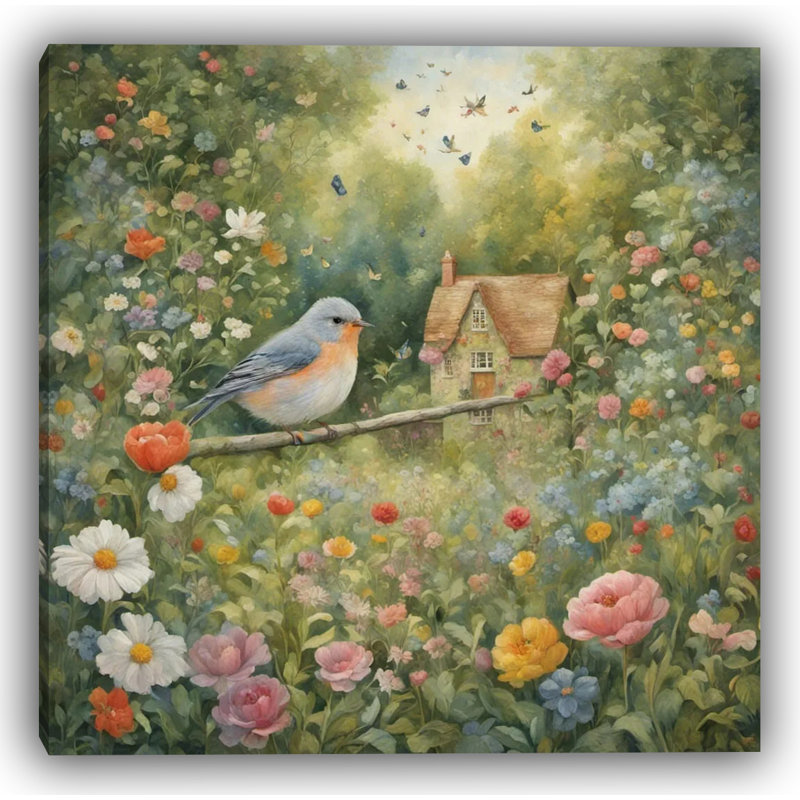 Merle bleu dans un jardin luxuriant, H 20 po x l 20 po