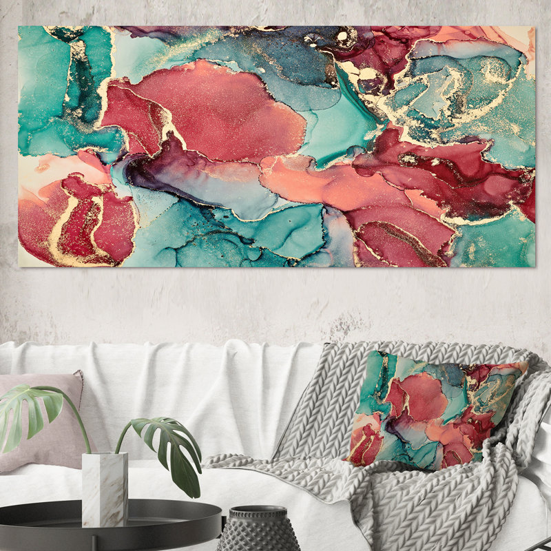 Bleu et mauve luxueux abstrait fluide X - peinture sur toile, H 28 po x l 60 po, Toile tendue