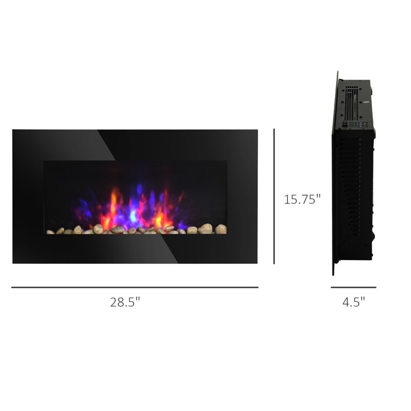 Foyer électrique noir, 28,5 po, 1500 W, effet de flamme, 7 couleurs, foyer mural réglable à sortie de chaleur, noir, fond