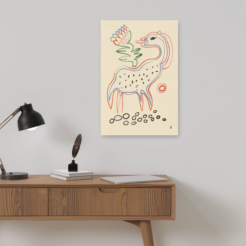Créature fantaisiste et fleur abstraite moderne ludique cheval chevreuil, art mural, 18" H x 12" W