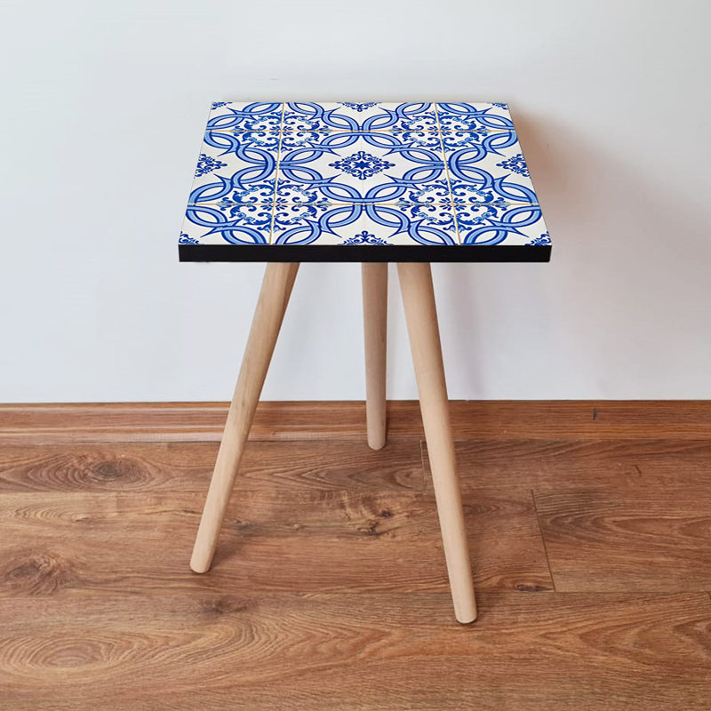 Table d'appoint élégante, blanche et bleu marine, 13,8 po x 16,5 po x 13,8 po | 100% panneau de fibres à densité moyenne avec 0,7 pouce d'épaisseur, pieds en bois de hêtre | Conception géométrique orientale, parfaite pour le salon et la chambre à coucher, durable et élégante