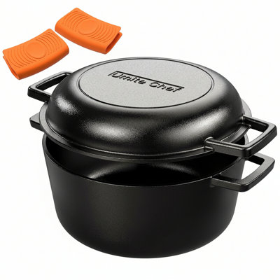 Cocotte en fonte 2-en-1 avec couvercle à nervures surélevées - Poêle pré-assaisonnée et casserole 5QT