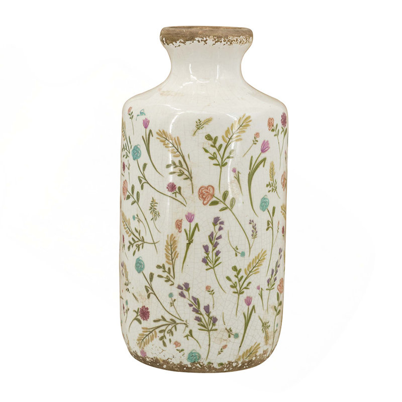 Ceramic Cylinder Vase With Multi-Colored Floral Motifs, 10.6" H x 5.3" W x 5.3" D
