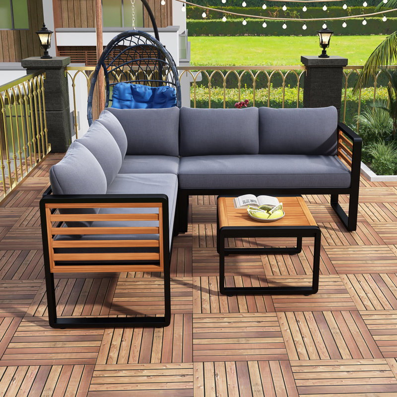 Ensemble de conversation 4 pièces pour patio, canapé modulaire en L et structure en bois avec coussin moelleux et tables basses