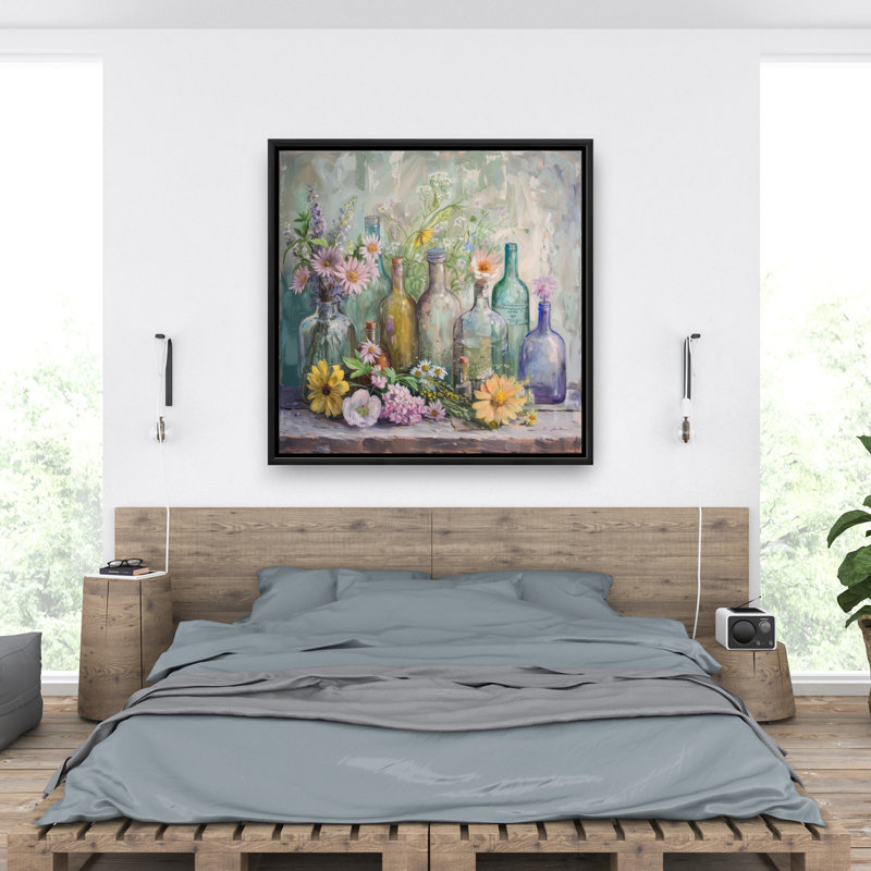 Flowers and Bottles - Beige Framed Canvas for Home Decor