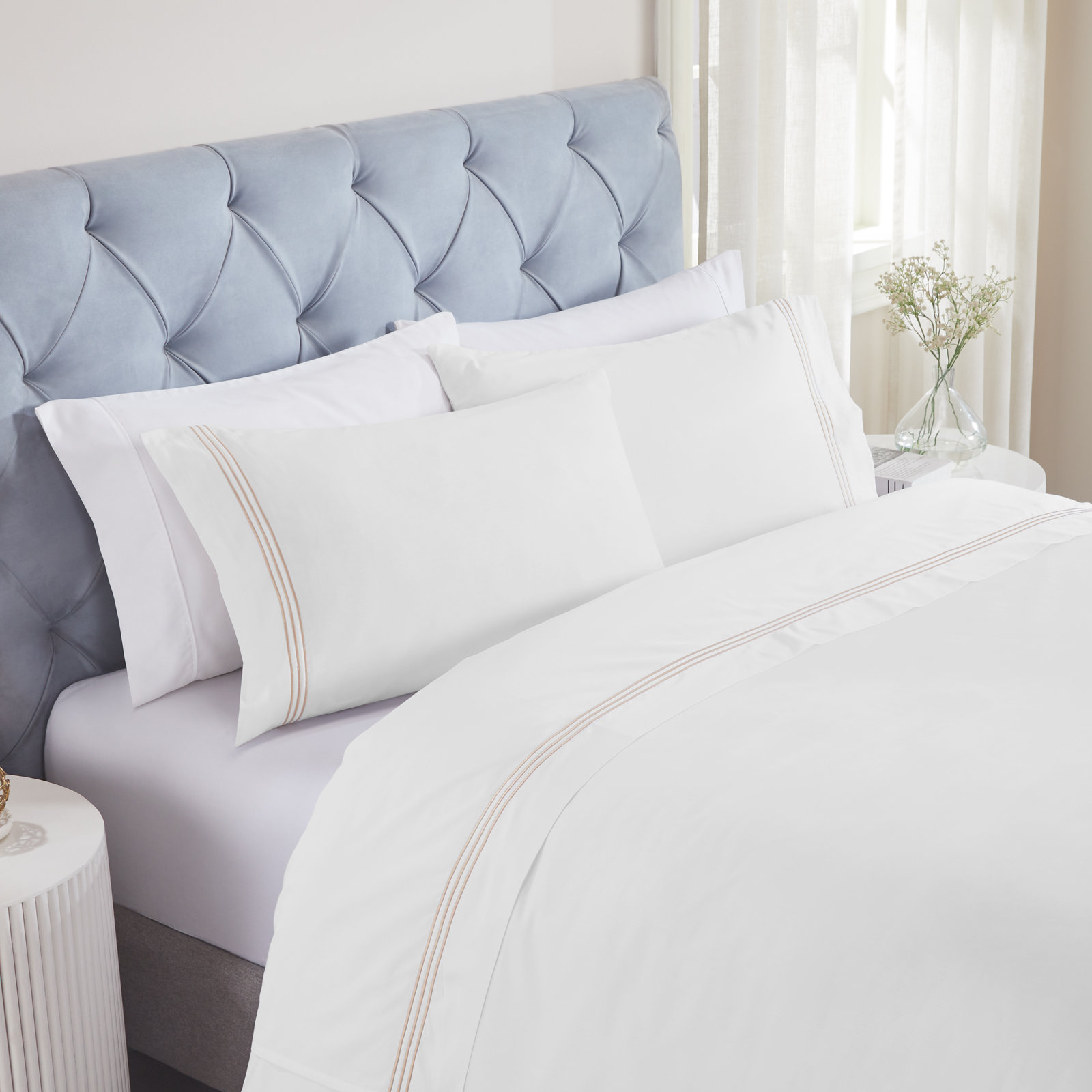 Brandon Cotton Three-Line Embroidered Deep Pocket Bed Sheet Set by Superior, King Sheet Set with 2 Pillowcases, White/Gold