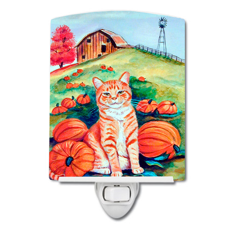 Tabby Cat in Pumpkins Ceramic Night Light