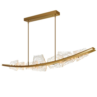 Lustre en laiton de 178 cm (70 po) avec éclairage DEL intégré et verre travaillé à la main