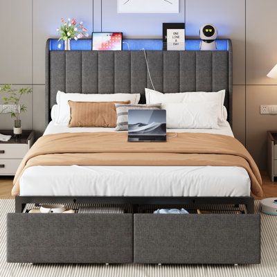 Upholstered Platform Bed Frame With Led Headboard, Usb Charging Station & 2 Storage Drawers, Modern Storage Bed Frame With Metal Slat Support, No Box Spring Needed