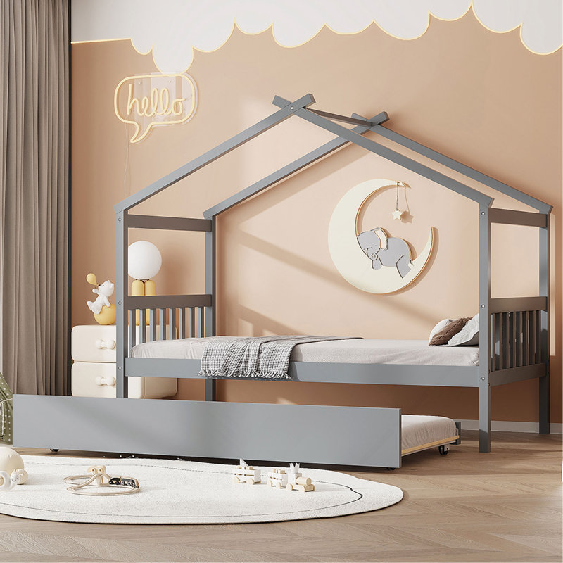 Lit simple en bois avec lit gigogne simple, Gris, Lit simple