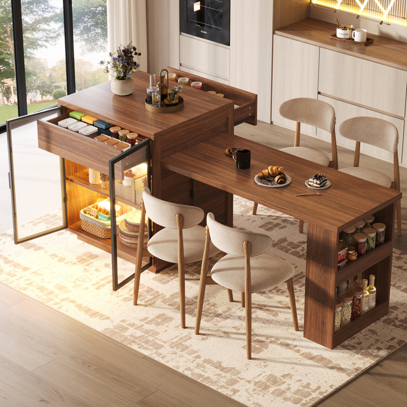 Extendable Kitchen Island Table 122–194.5cm with LED, Glass Cabinet & Drawer