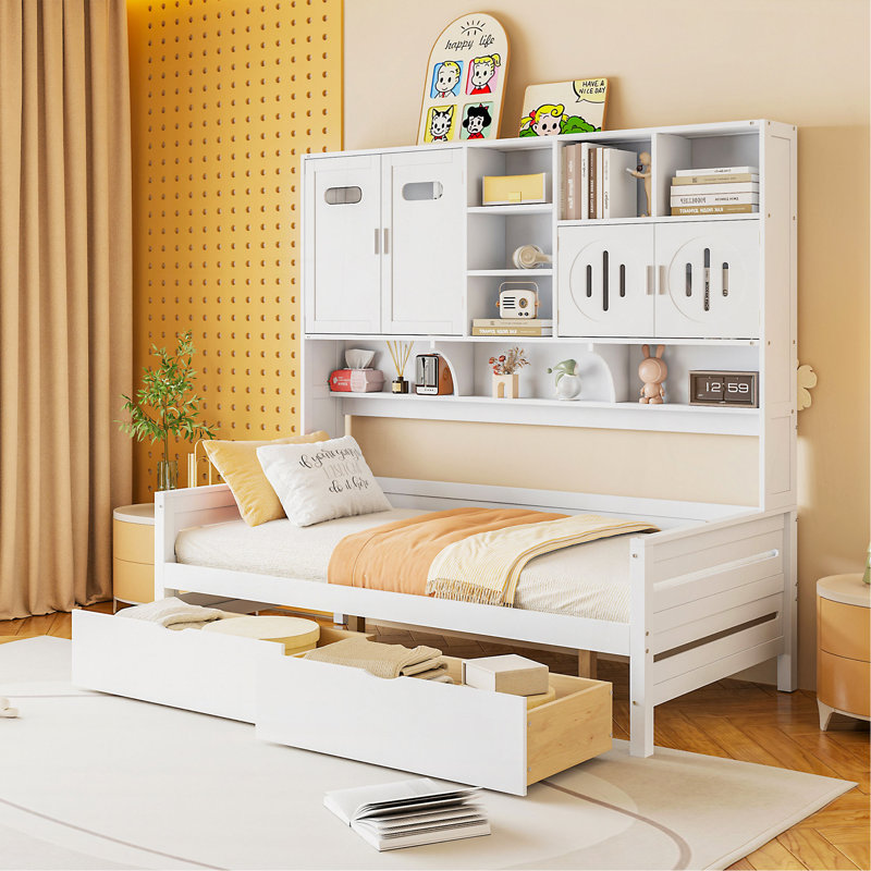 Twin Size Wooden Daybed With 2 Drawers, And All-In-One Cabinet And Shelf, White, Twin, White