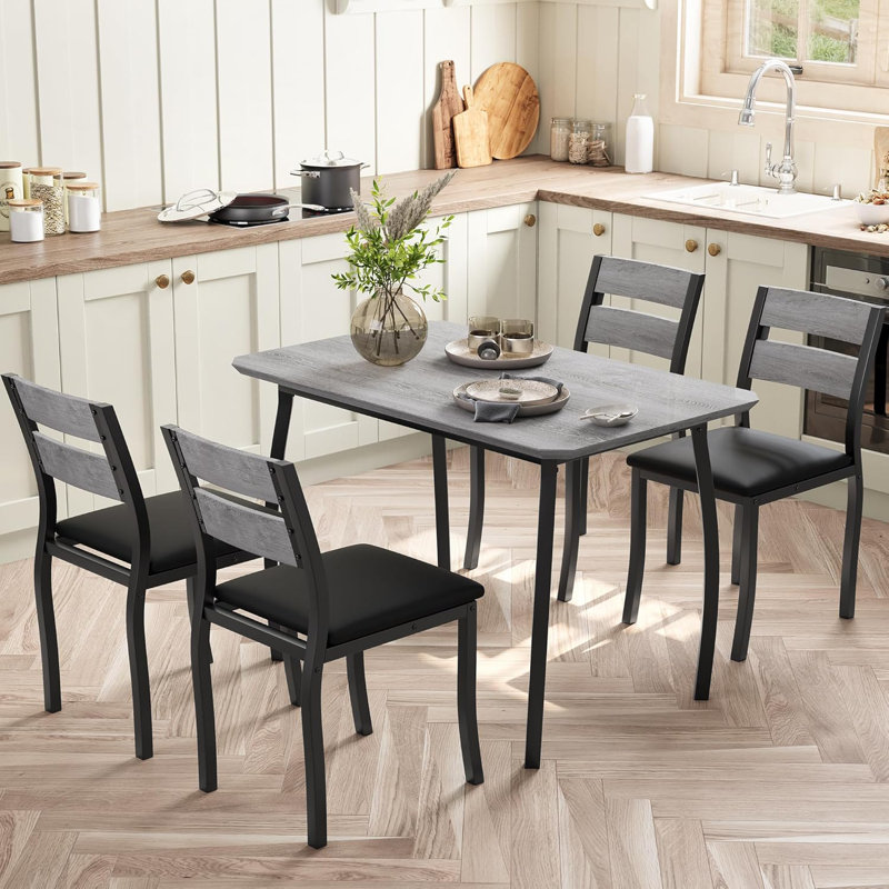 Dining Table Set for 4, Modern Kitchen Table Chairs Set of 4 with Chamfered Edges & Cushioned Seats, Space-Saving Metal Frame Breakfast Nook for Small Spaces, Dining Room, Apartment, Grey