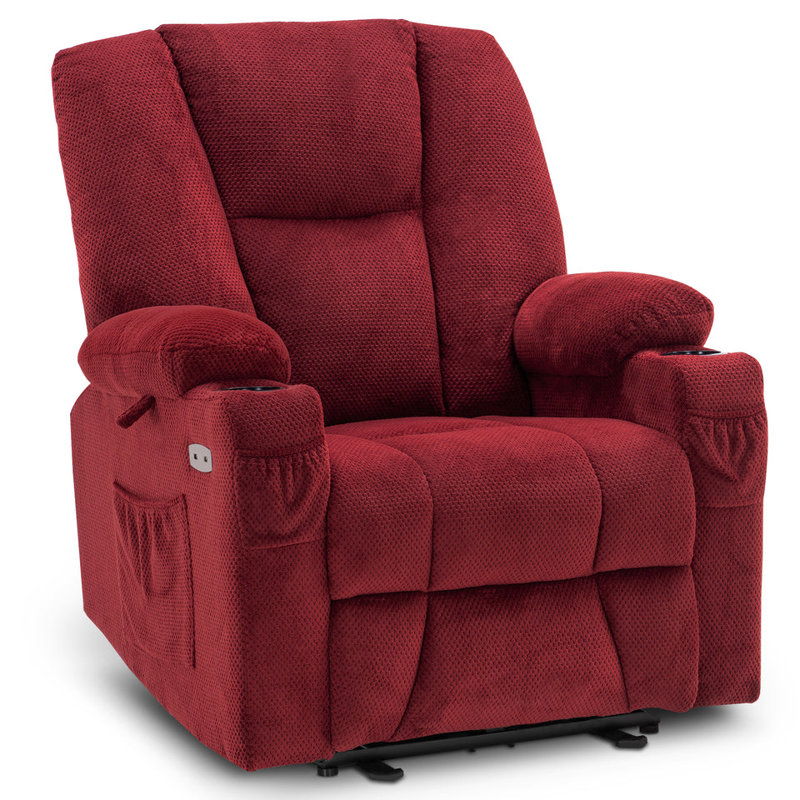 Fabric Electric Power Recliner Chair with Heat and Massage, USB Charge Ports, Extended Footrest, Burgundy