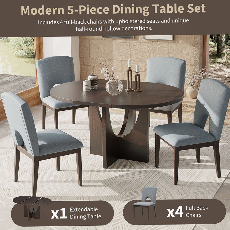 Ensemble de table de salle à manger extensible 5 pièces avec rallonge amovible pour petits espaces, Gris, Espresso