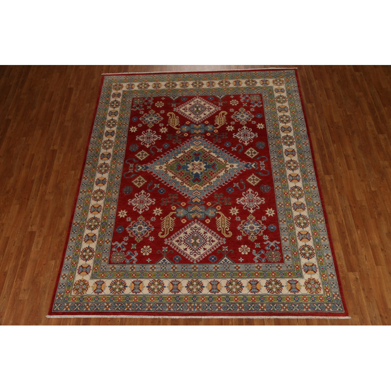 Tapis géométrique rouge Kazak à motif géométrique fait à la main 8 x 10