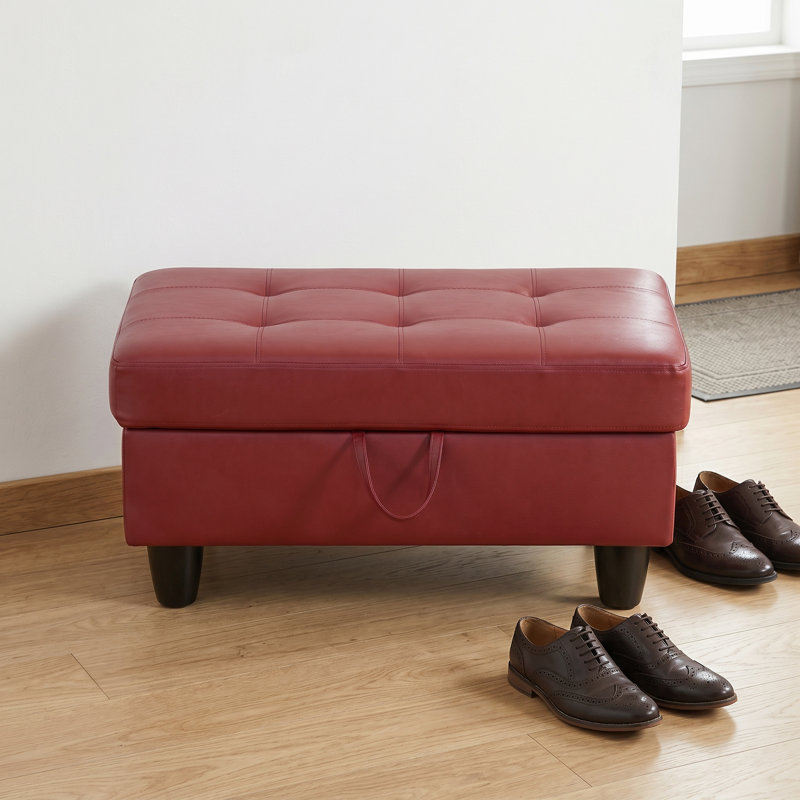 Repose-pieds capitonné en similicuir bourgogne avec rangement, repose-pieds rectangulaire avec rangement caché et pieds en bois, banc multifonctionnel pour le salon de la chambre à coucher
