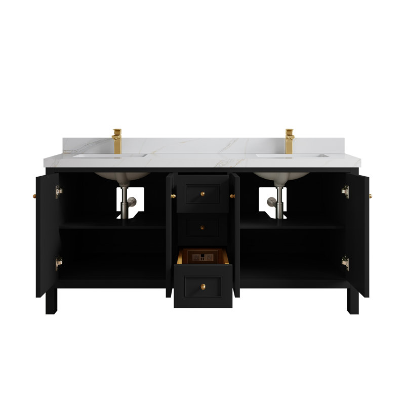 Nashville X P 22 po D Meuble-lavabo double avec 2 po Quartz Calacatta Sienna, Noir