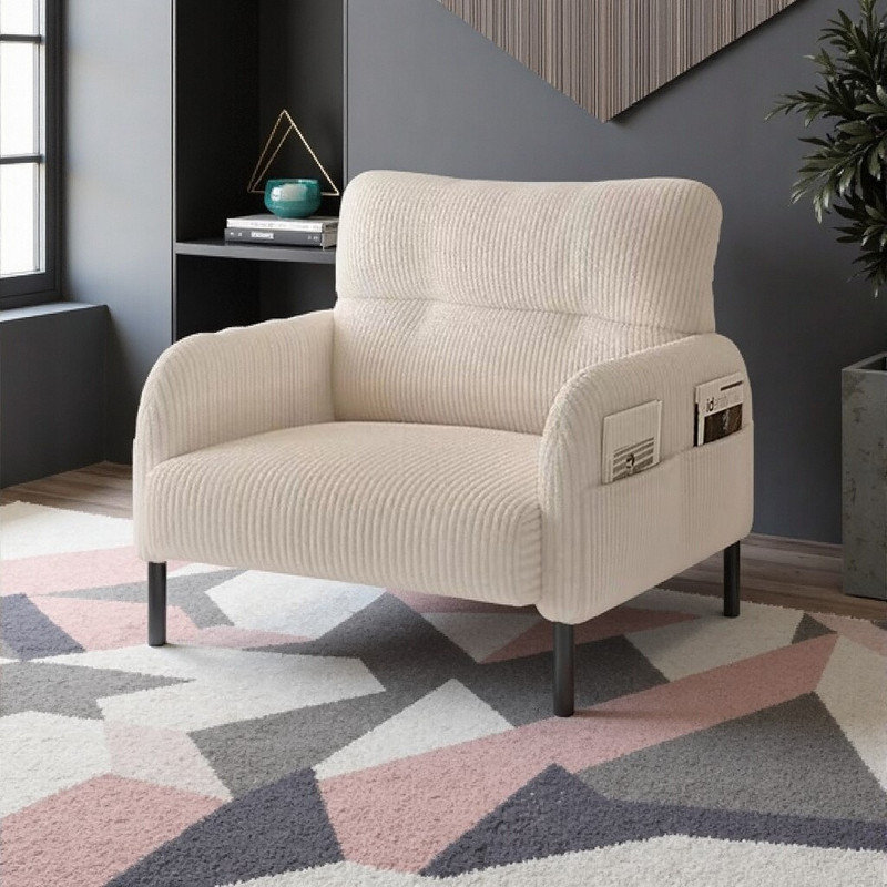 Corduroy Accent Chair with Ergonomic Design with Side Pockets, Solid Wood Frame, Beige