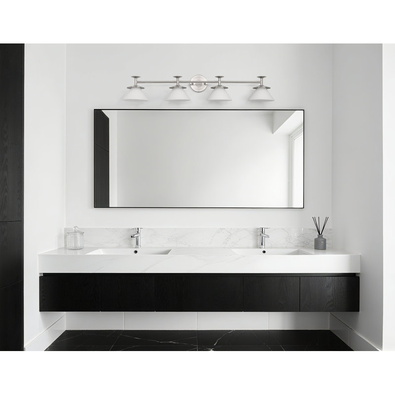 Luminaire pour meuble-lavabo à 4 lumières en nickel brossé et nickel poli 4 lumières avec verre opale gravé Tekamah