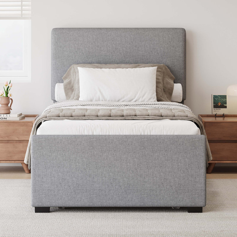 Upholstered Platform Bed with Trundle Bed, Gray