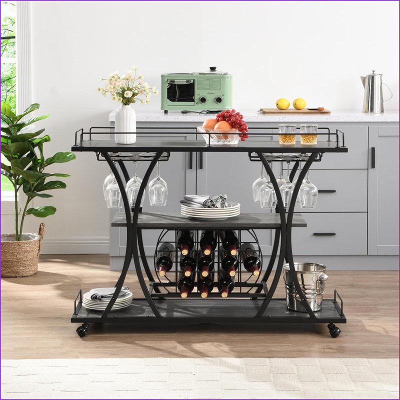 Industrial Bar Cart with 3-Tier Storage, Wheels &amp; Wine Racks | Iron | Matte Silver