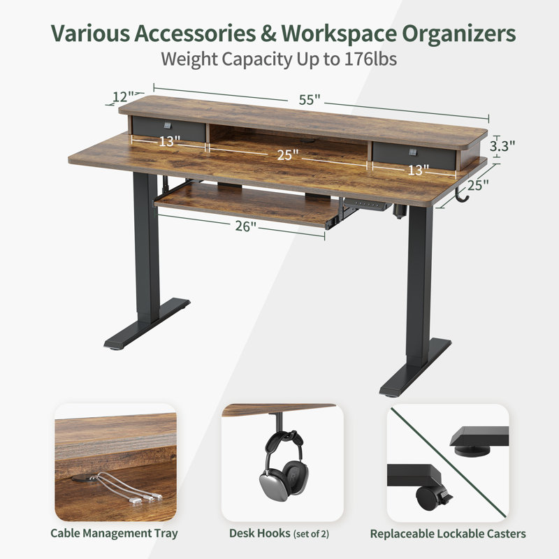 Bureau de jeu à hauteur réglable Lagasse, Brun rustique, H 27 po à 46 po x l 55 po x P 25 po