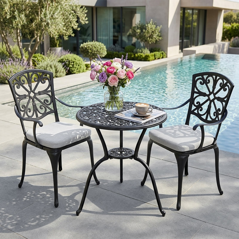 Outdoor 3-Piece Cast Aluminum Patio Set with Cushions and Umbrella Hole, Gray
