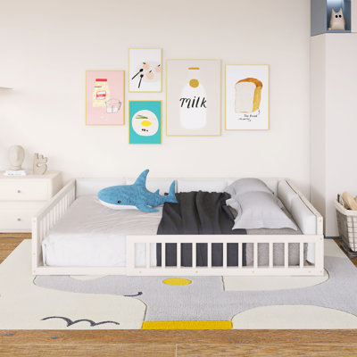 Wood Frame Full Size Upholstered Platform Bed With Guardrail And Pillow