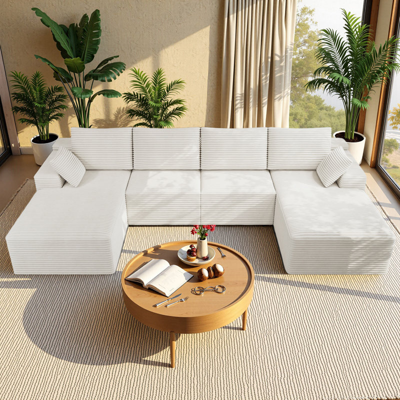Canapé modulaire en forme de U de 126 po Koli, canapé à compression, velours côtelé blanc, White Corduroy