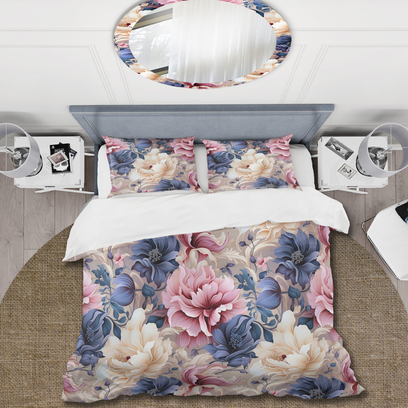 Ensemble de housse de couette à motif victorien mauve et blanc, Housse de couette pour grand lit et 2 taies décor
